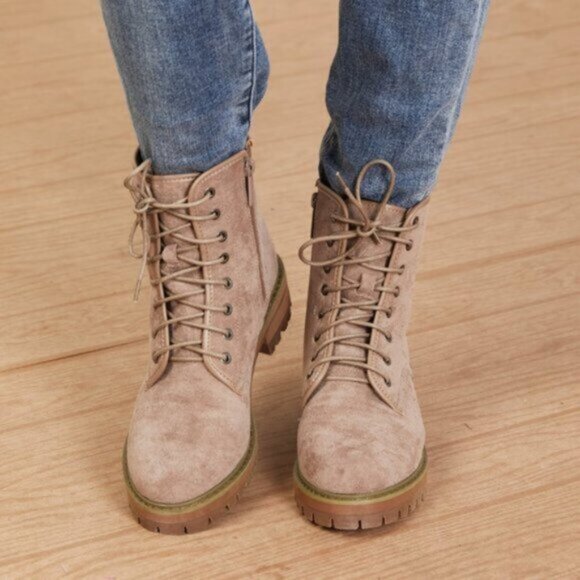 "Best of Luck" Khaki Combat Lace-up Suedette Booties - Picture 1 of 16